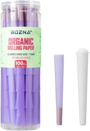 Purple Pre Rolled Cones Organic Rolling Papers with Tips - Slow Burn, Sturdy Natural Gum Seal, Ultra Thin with Plastic Cone. 100 ct, King Size Rolling Cones in Popular Colors (Purple, King Size)