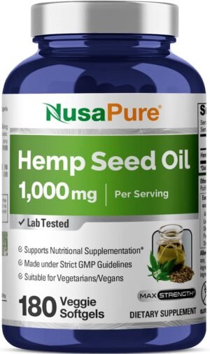 NusaPure Hemp Oil Capsules, 1,000mg Per Serving, 180 Veggie Softgels, Non-GMO, Vegan