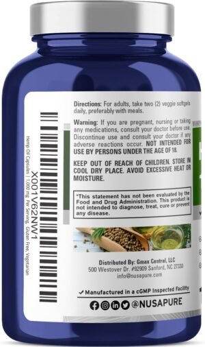 NusaPure Hemp Oil Capsules, 1,000mg Per Serving, 180 Veggie Softgels, Non-GMO, Vegan - Image 3
