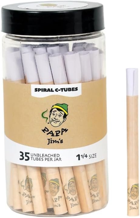 Papa Jims Pre-Rolled Cones C-Tube | 35 tubes | 84mm - 1 1/4" size | with exclusive premium spiral tips | No debris or residue | Unbleached Classic | Finest Paper from France
