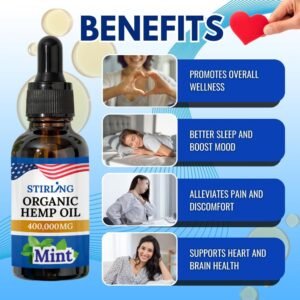 STIRLING Organic Hemp Oil - 400,000mg with Natural Mint Flavor for Enhanced Relaxation, Provides Relief and Optimal Health Support - GMO & Gluten-Free, THC-Free, Vegan, Loaded w/Omega 3 6 9 Goodness - Image 2