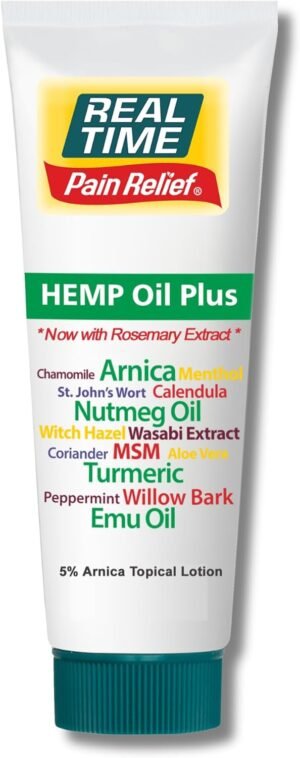 Real Time Pain Relief Hemp Oil Plus – Enhanced with 5% Arnica and Rosemary – Nourishing Formula with 20 Natural Ingredients – Fast-Absorbing, Non-Greasy Cream – 4oz Tube
