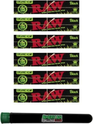 RAW Black Organic Rolling Papers King Size Slim (6 Pack) with American Rolling Club Tube