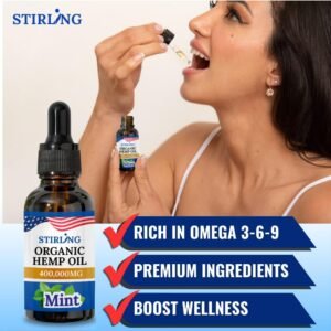STIRLING Organic Hemp Oil - 400,000mg with Natural Mint Flavor for Enhanced Relaxation, Provides Relief and Optimal Health Support - GMO & Gluten-Free, THC-Free, Vegan, Loaded w/Omega 3 6 9 Goodness - Image 3