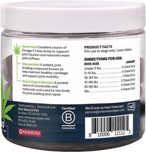 Only Natural Pet Hemp Advanced Mobility Support for Dogs Holistic Wellness Hip Bone Joint Health - Inflammatory Function Relieves Pain Stiffness Green Lipped Mussels Turmeric (HA) 60 Count - Image 3