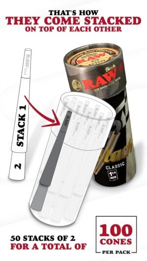 RAW Cones Classic Black 1-1/4 Size | 100 Pack | Slow Burning Pre Rolled Cones - Rolling Paper Pressed Extra Fine for Thin, Naturally Translucent Paper with Tips & Packing Tubes Included - Image 2