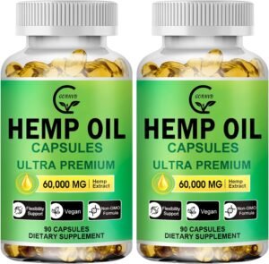 (2-Pack) High Potency Hemp Oil Capsules - 180 Veggie Softgels - 60,000 Maximum Strength, Immune System Support, Focus Calm, Relaxation, Mood, Pure Extract, Organic, Vegan, Non-GMO