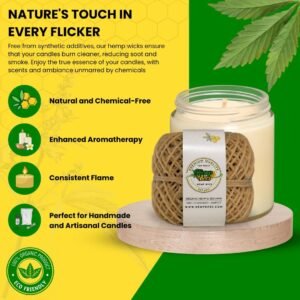 HempBees 100% Organic Hemp Wick with Natural Beeswax Coating, 200 FT Roll, Standard Size 1.0mm, Unbleached & Non Toxic, Slow, Long Lasting Burn - Image 3