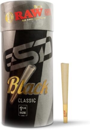 RAW Cones Classic Black 1-1/4 Size | 100 Pack | Slow Burning Pre Rolled Cones - Rolling Paper Pressed Extra Fine for Thin, Naturally Translucent Paper with Tips & Packing Tubes Included
