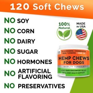 Hemp Hip & Joint Supplement for Dogs - Made in USA - Glucosamine - MSM - Turmeric - Hemp Seed Oil Infused Treats - Natural Joint Pain Relief & Mobility - 120 Soft Chews - Image 6