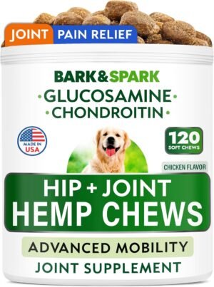 Bark&Spark Advanced Hemp Chews for Dog Joint Pain Relief - Glucosamine Chondroitin Hemp Treats Hip Joint Health - Joint Supplement Large Breed & Small - Hemp Treats Joints Old Senior Dog (120Ct)