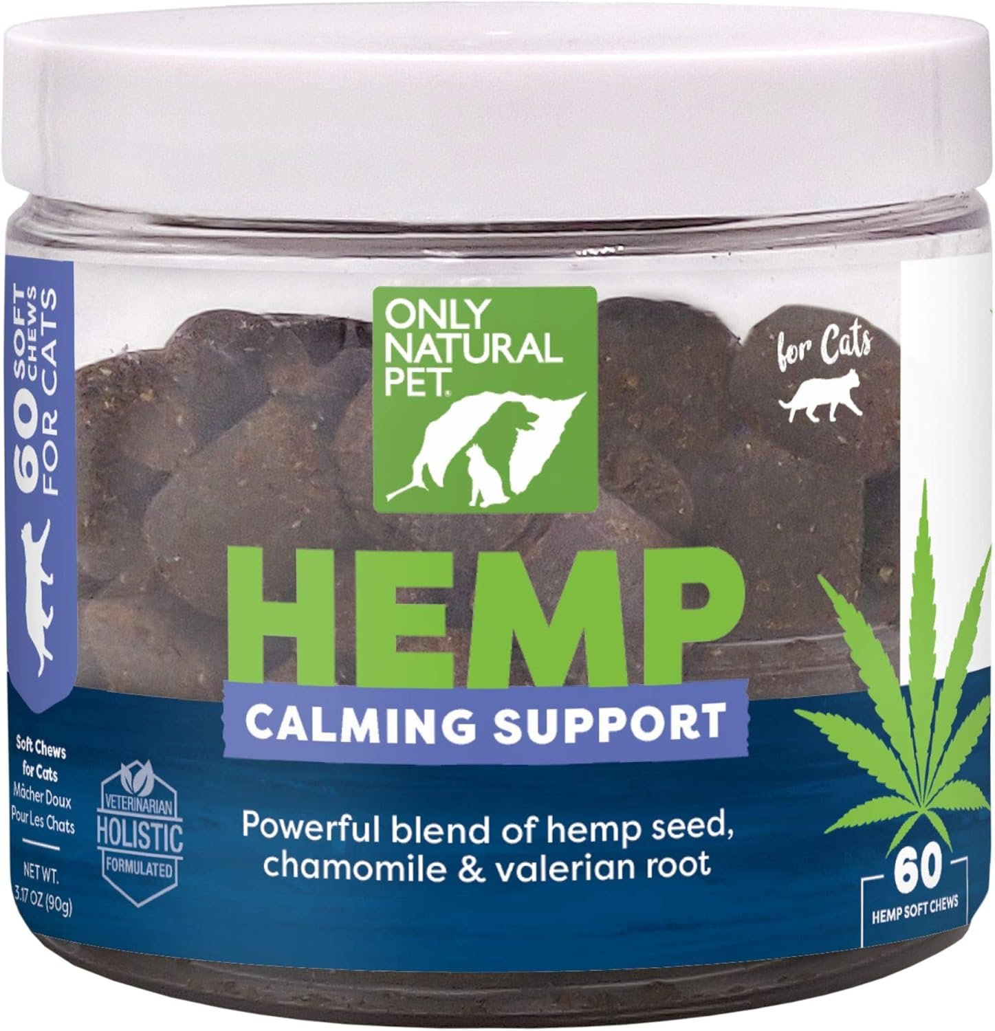 Only Natural Pet Calming Hemp Soft Chews - Relaxation Composure Sedative Tranquilizer Treats for Cat Stress Reduction w/Soothing Botanicals Supports Sleep Aid Quiet Travel Chill Vet Visit - 60 Count