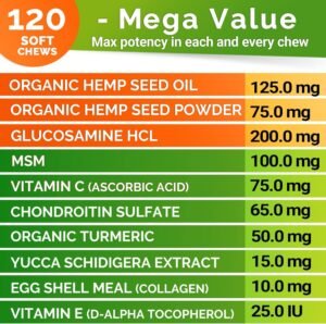 Hemp Hip & Joint Supplement for Dogs - Made in USA - Glucosamine - MSM - Turmeric - Hemp Seed Oil Infused Treats - Natural Joint Pain Relief & Mobility - 120 Soft Chews - Image 4